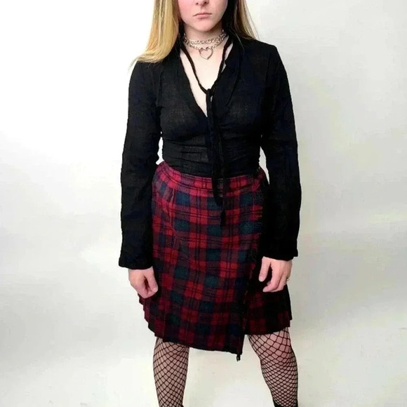 Vintage 90s Goth Grunge Plaid Pleated Midi Skirt - Picture 2 of 5